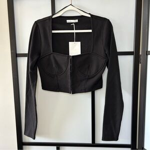 [M] NWT Oak + Fort Black Bustier Style Fishbone Structured Long Sleeve Crop Top